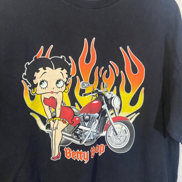 Betty Boop Graphic T-Shirt Biker Tee Flames Retro Black Motorcycle Print Sz XL - Picture 2 of 8